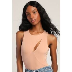 LULUS Attention Worthy Beige Tan Cutout Sleeveless Bodysuit Stretch Fitted NEW M